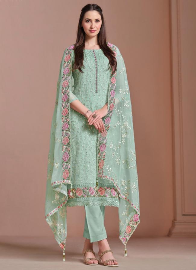 Twinkle Chiffon Sea Green Festival Wear Embroidery Work Straight Salwar Suit 